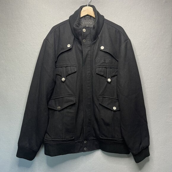 Coogi Bomber Coat Jacket Size 2X Black Wool Blend Insulated Full Zip Mock Neck - Picture 1 of 9